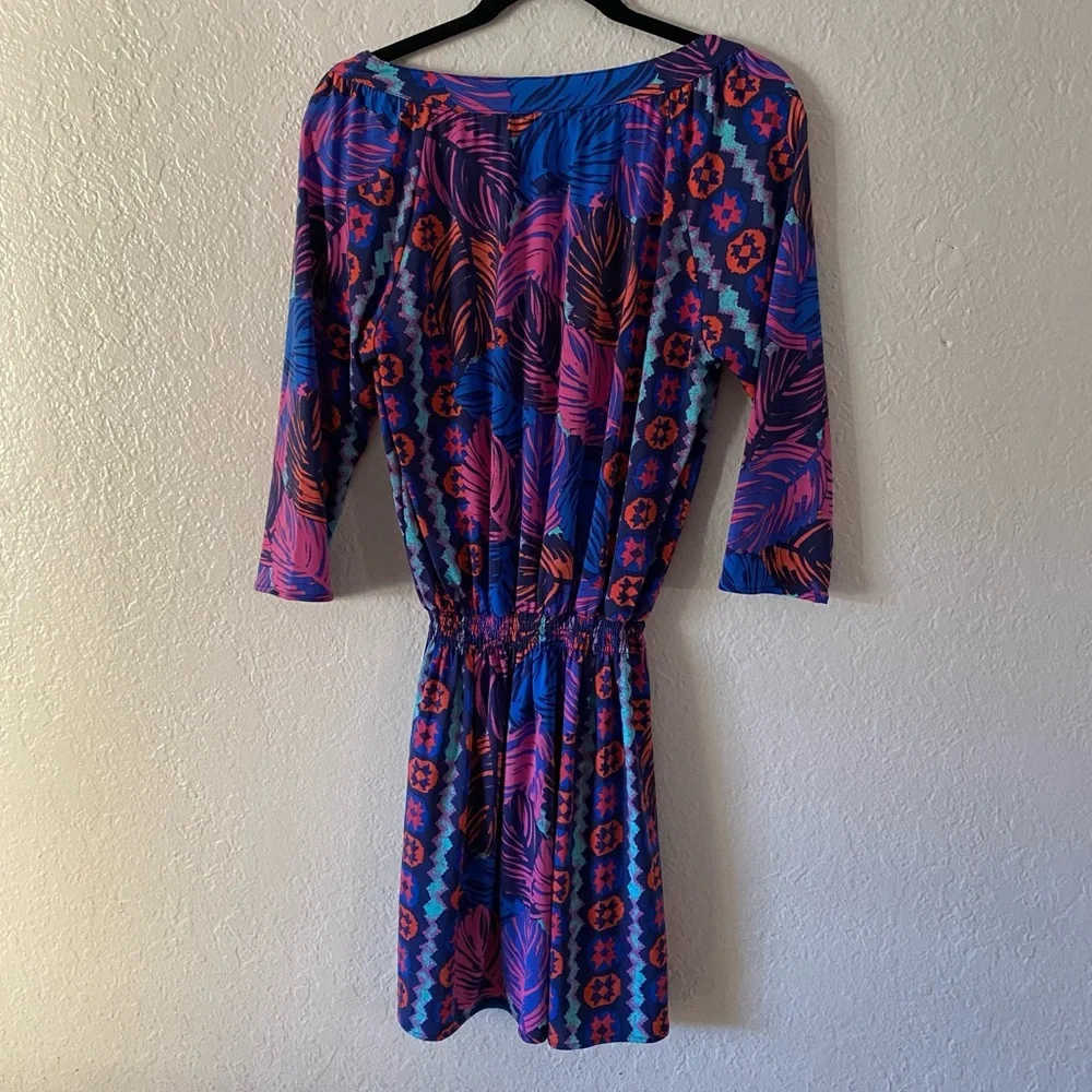 Tori Richard Tropical Print Mini Sundress Size S Blue Pink Stretch Summer Beach